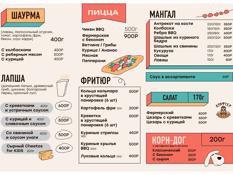 Меню кафе "Крафтер"